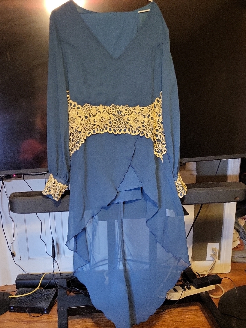 Blue High-Low Pantsuit with Cream Lace Trim